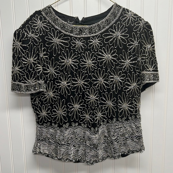 Laurence Kazar Tops - Vintage‎ Laurence Kazar Black Silk Beaded Blouse, sz L